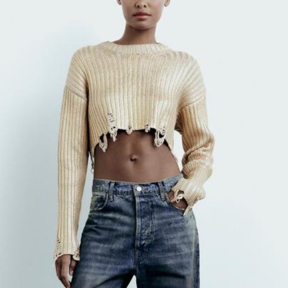 NWT GORGEOUS METALLIC GOLDEN FOIL KNIT CROP SWEATER - Picture 3 of 11